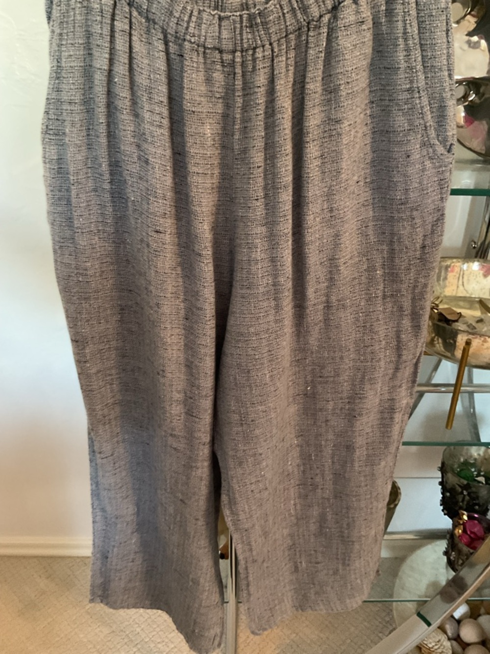 Flax Gray/Blue  Wide-Leg Linen Pants with side pockets.